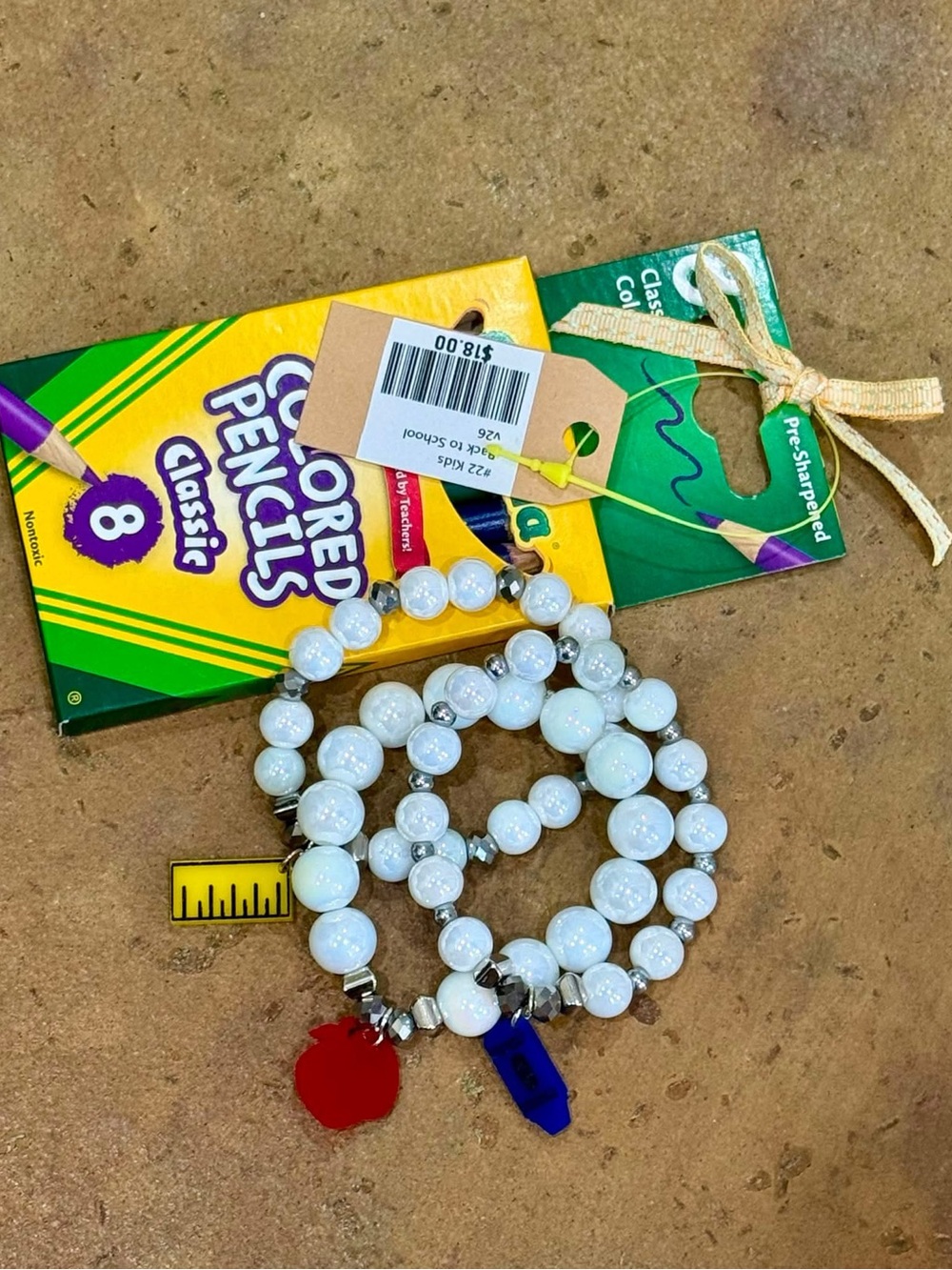 Kids White Beaded Charm Bracelet Trio with School-Themed Charms